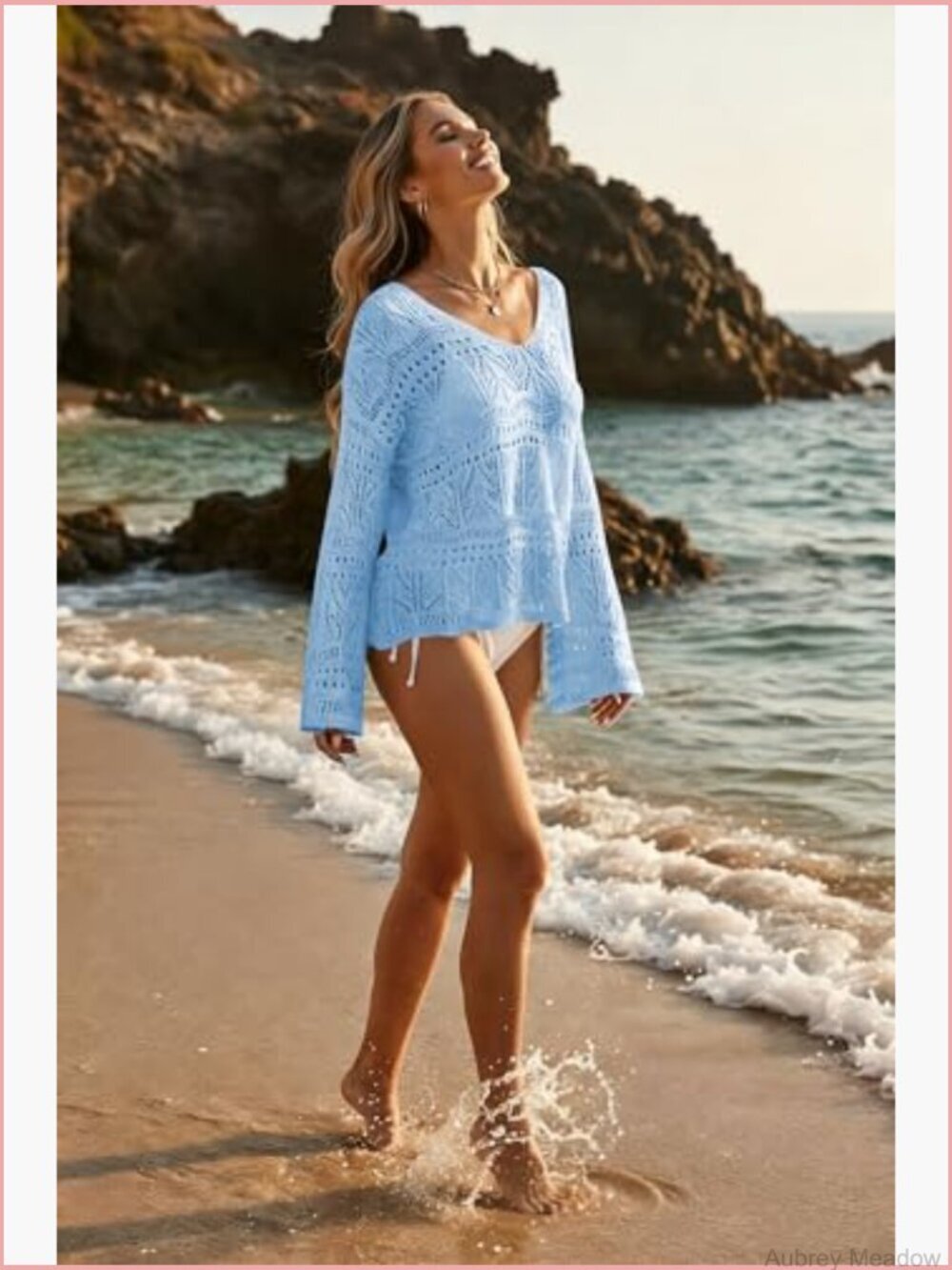 Crochet Off Shoulder Sweater Bell Sleeve Boho V-Neck - Picture 6 of 7